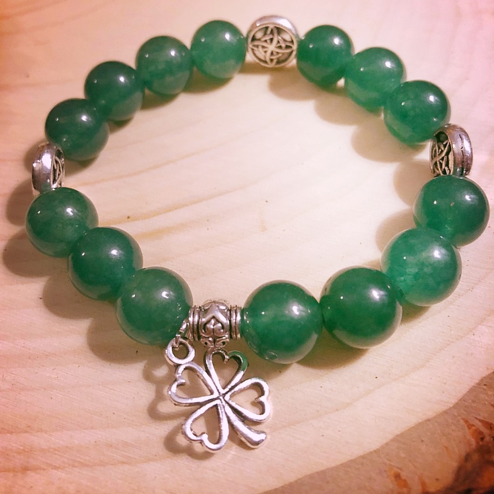Natural Stone Bracelet Celtic Beads & Clover Charm